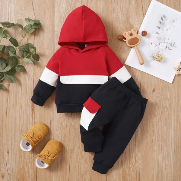 PatPat 2pcs Baby Color Block Long-sleeve Hoodie and Trousers Set Soft and Comfortable Perfect for Outings and Daily Wear - Image 2