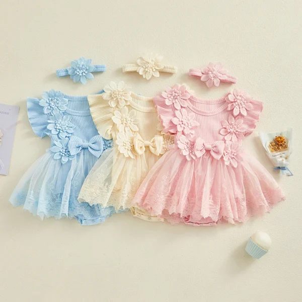 Newborn Baby Girls Rompers Dress Mesh Baby Girl Clothes Lace Patchwork Ruffle Jumpsuits 2pc Outfits Sunsuit Baby Clothing - Image 2