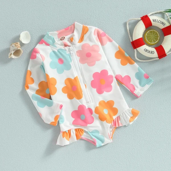 Kids Baby Girl Swimsuits Summer Floral Long Sleeve Zipper Ruffles Jumpsuit Swimwear Beachwear Bathing Suits - Image 4