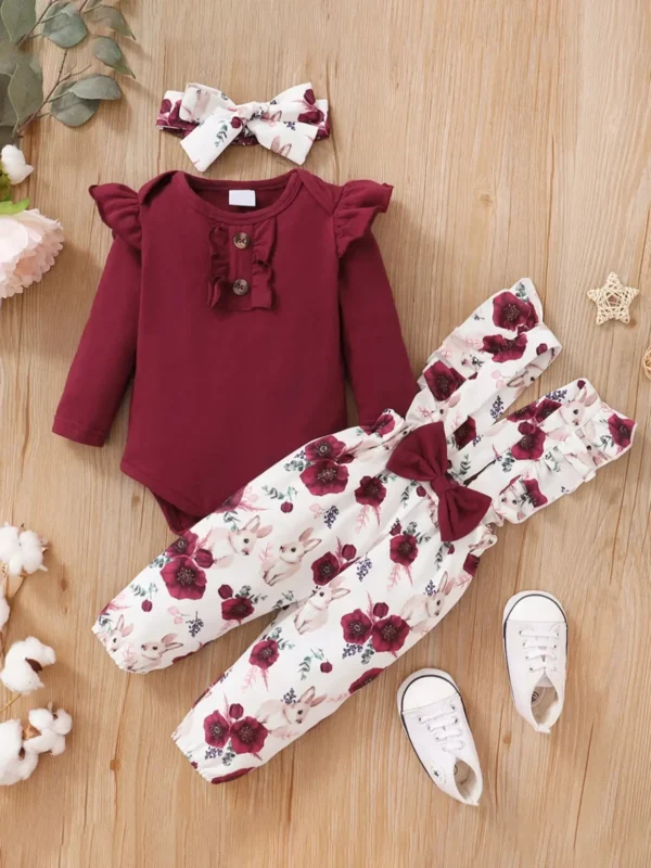 Winter Newborn Infant Baby 0-12M Girls Cotton Long Sleeves Headband Rabbit Print Pants Fashion Baby Clothing